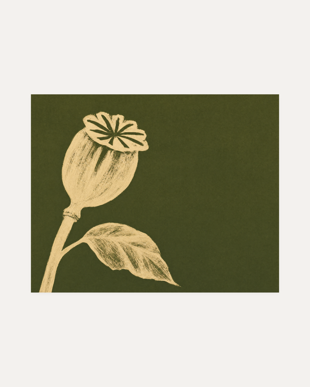 Ivory Bloom Forest unframed seed pod silhouette print showing poppy seed pod, leaf, and stem in olive green and beige