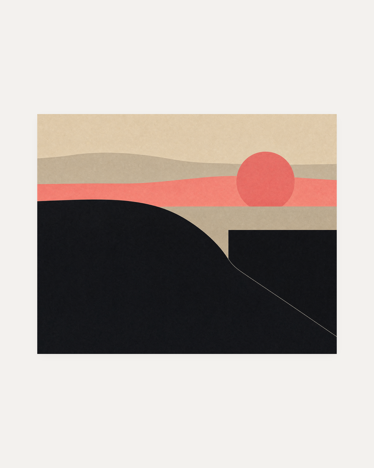 Dusk Hill, black hill wall art, coral-red sun disc, cream field, black slope and gray horizon