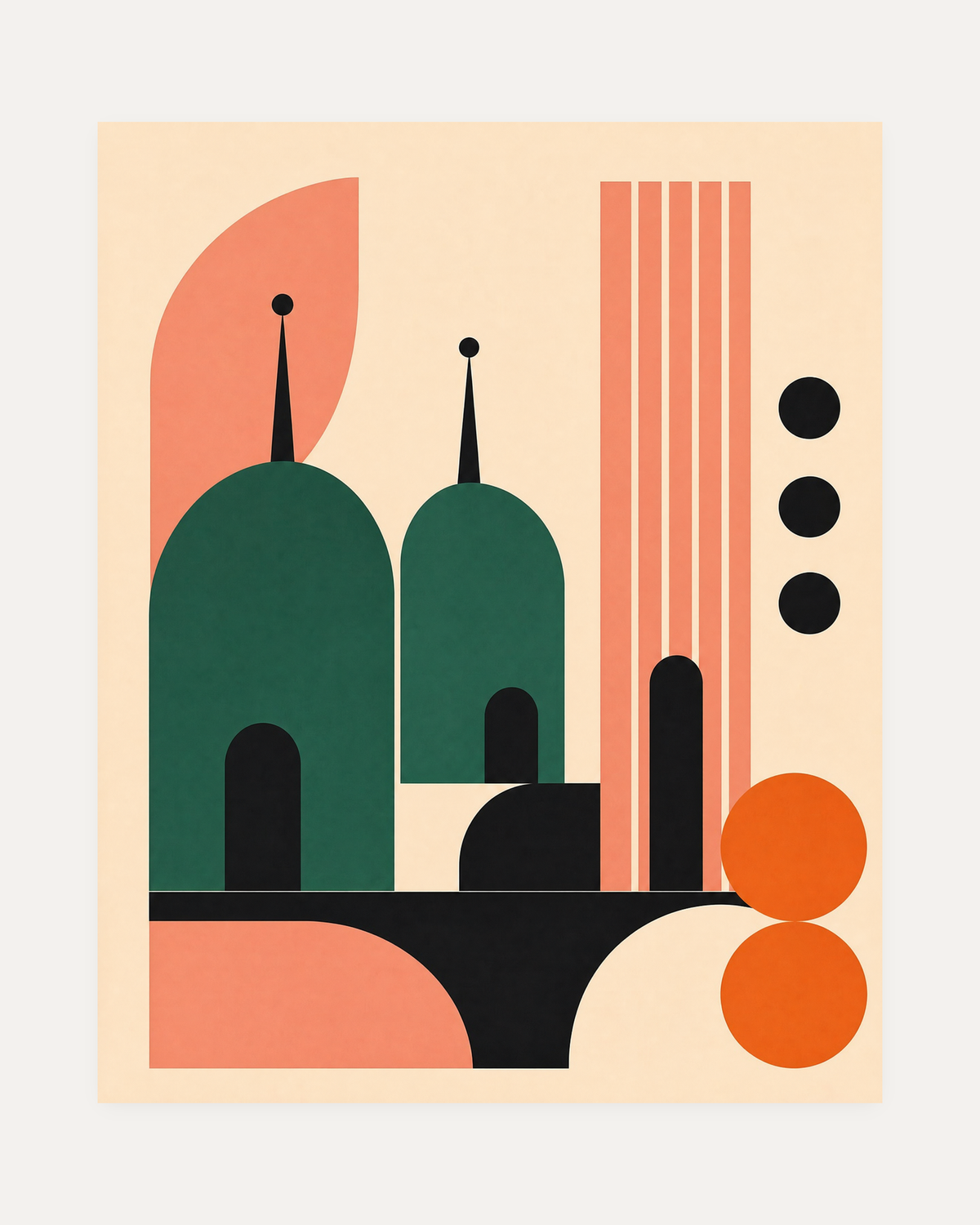 Signal Tower, green dome coral tower wall art, striped central tower, black arcs, beige and peach shapes