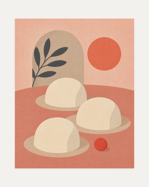 Berry Dot cream dome wall art with three cream domes, blush ground, coral red and navy marks
