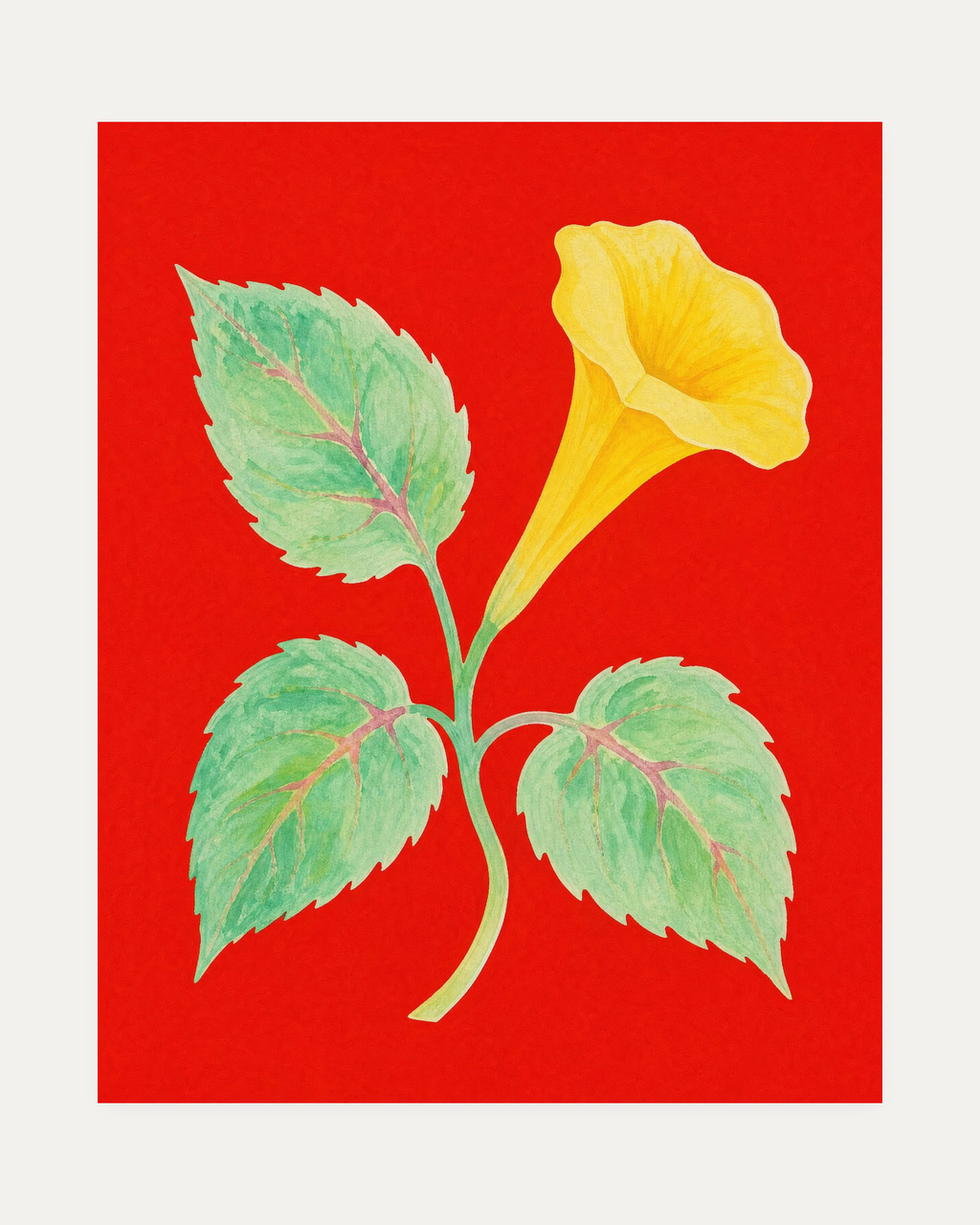 Butter Trumpet, butter trumpet bloom wall art, yellow trumpet flower, green leaves, red portrait ground