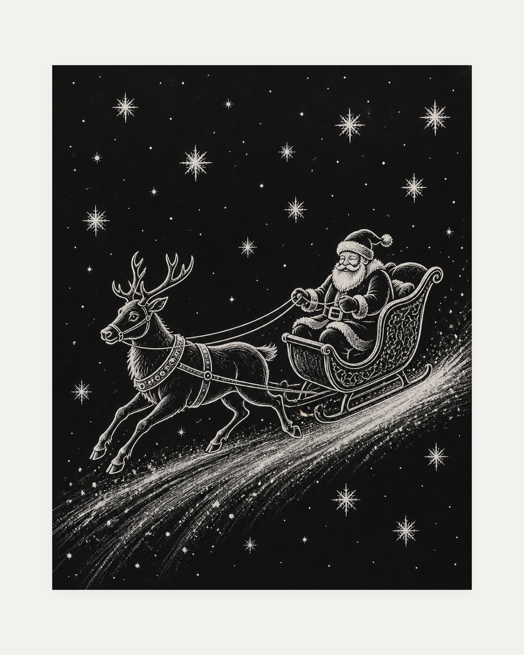 Starlit Ride unframed starlit sled print showing a white line sleigh and reindeer