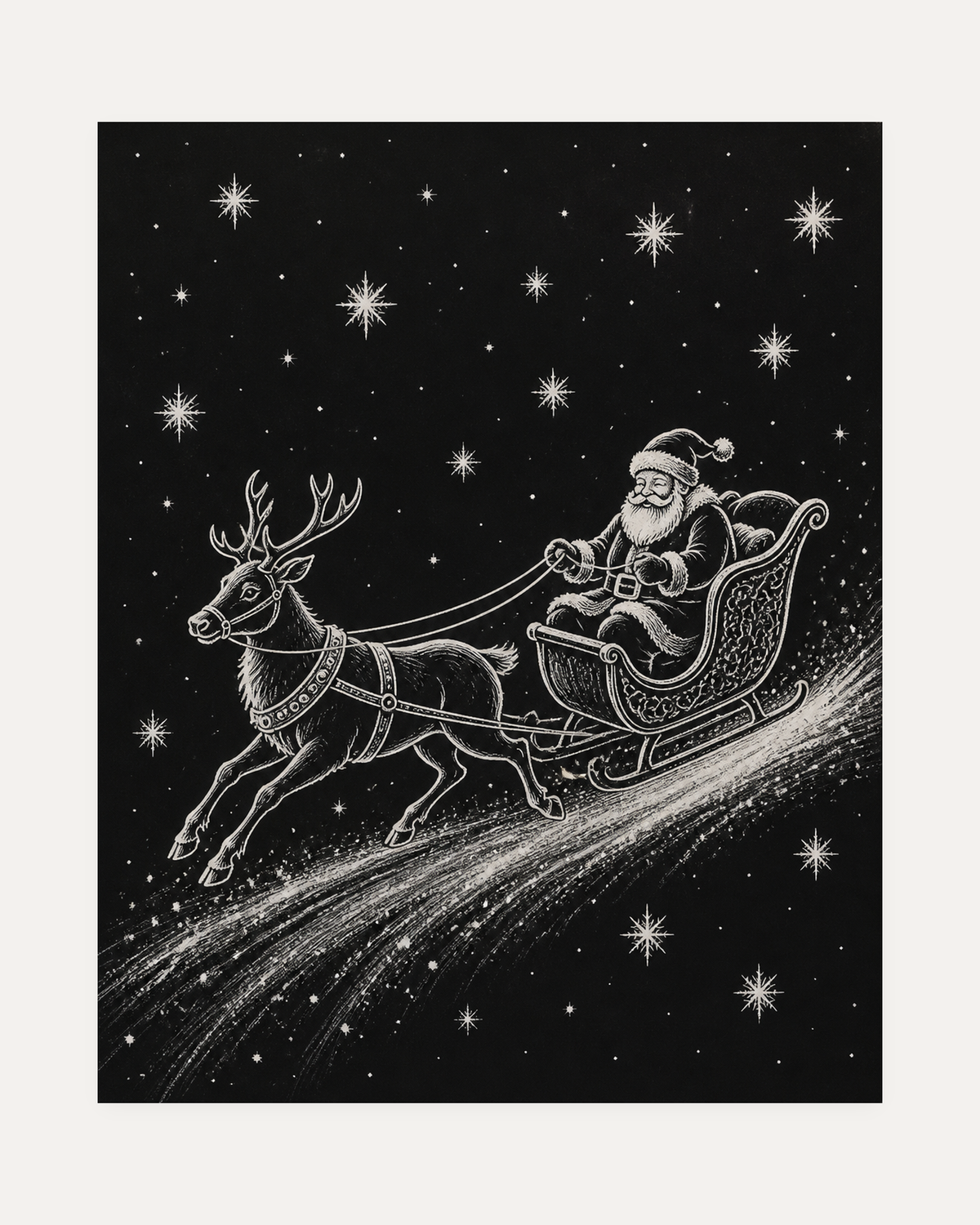 Starlit Ride unframed starlit sled print showing a white line sleigh and reindeer
