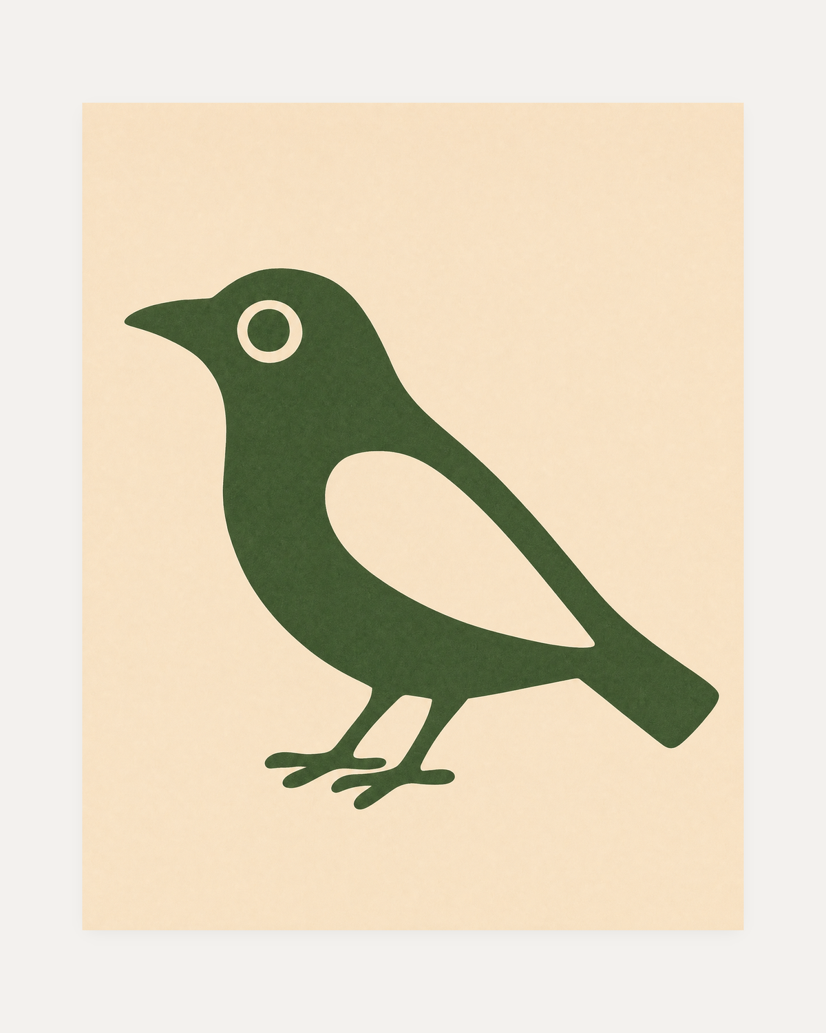 Green Bird, green bird print, flat green bird in profile with cream wing, ringed eye, warm cream paper