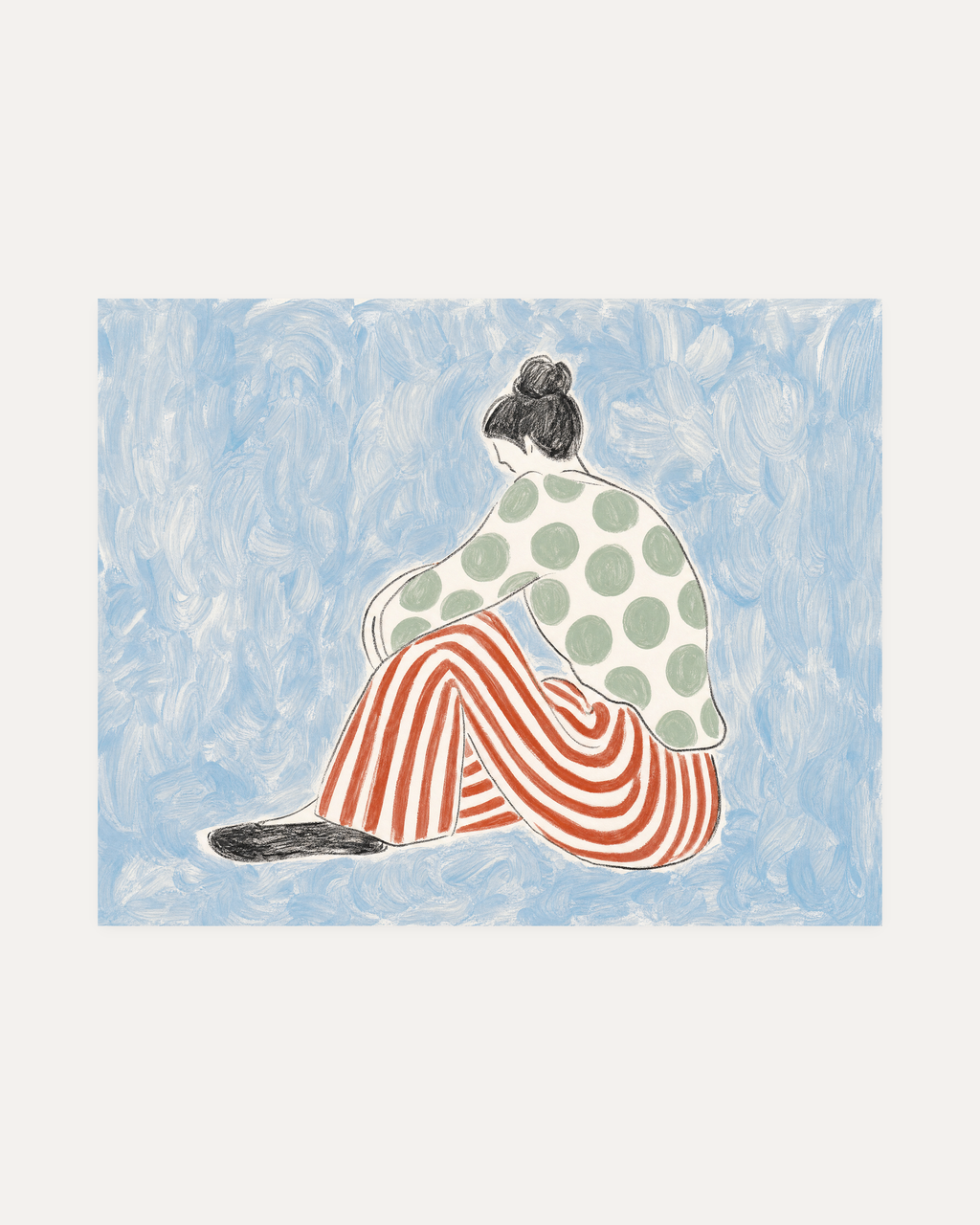 Wide Step unframed fashion figure wall art print showing person, hair, and clothing in blue, red, and green