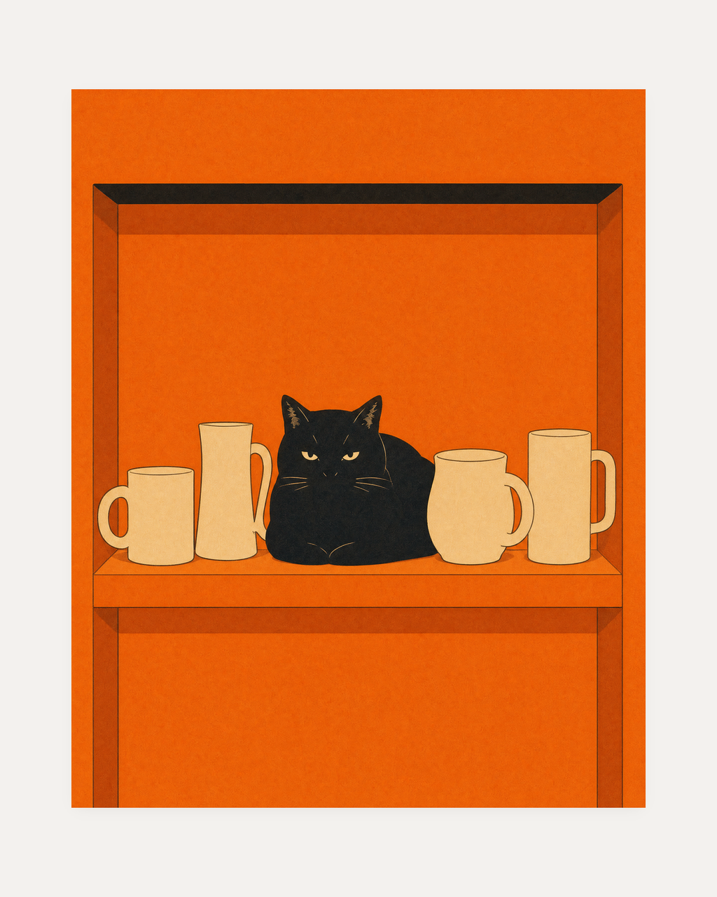 One Loaf Cat Four Mugs unframed black cat kitchen wall art print showing black loaf cat between four cream mugs on an orange shelf