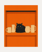 One Loaf Cat Four Mugs unframed black cat kitchen wall art print showing black loaf cat between four cream mugs on an orange shelf