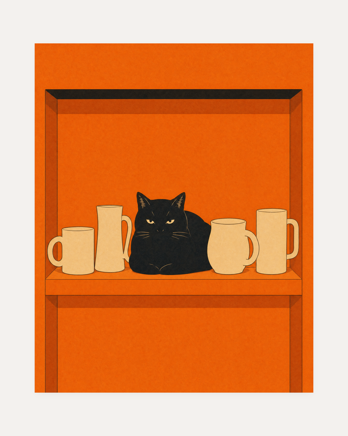 One Loaf Cat Four Mugs unframed black cat kitchen wall art print showing black loaf cat between four cream mugs on an orange shelf