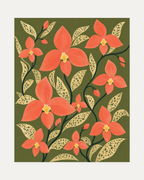 Orchid Fan, coral orchid wall art, coral blooms with slender stems, speckled leaf fan, olive ground