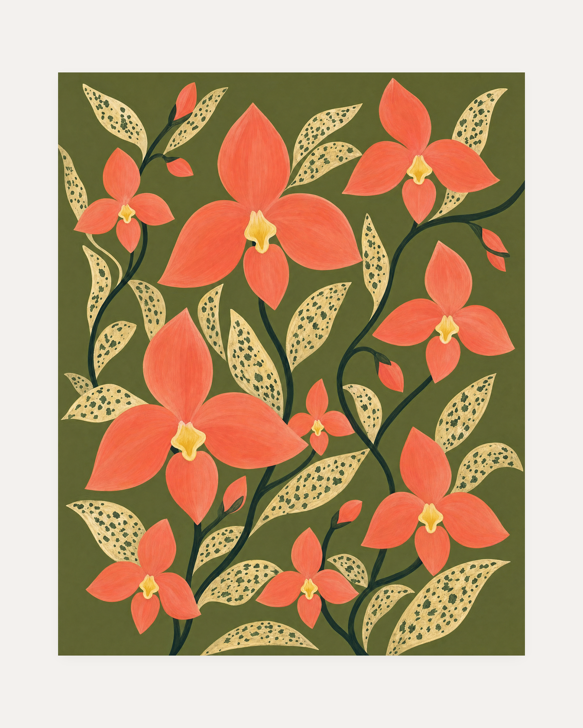 Orchid Fan, coral orchid wall art, coral blooms with slender stems, speckled leaf fan, olive ground