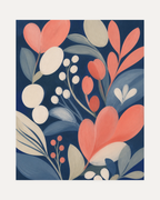 Coral Bloom unframed floral vintage wall art print showing coral flowers and cream leaves on navy
