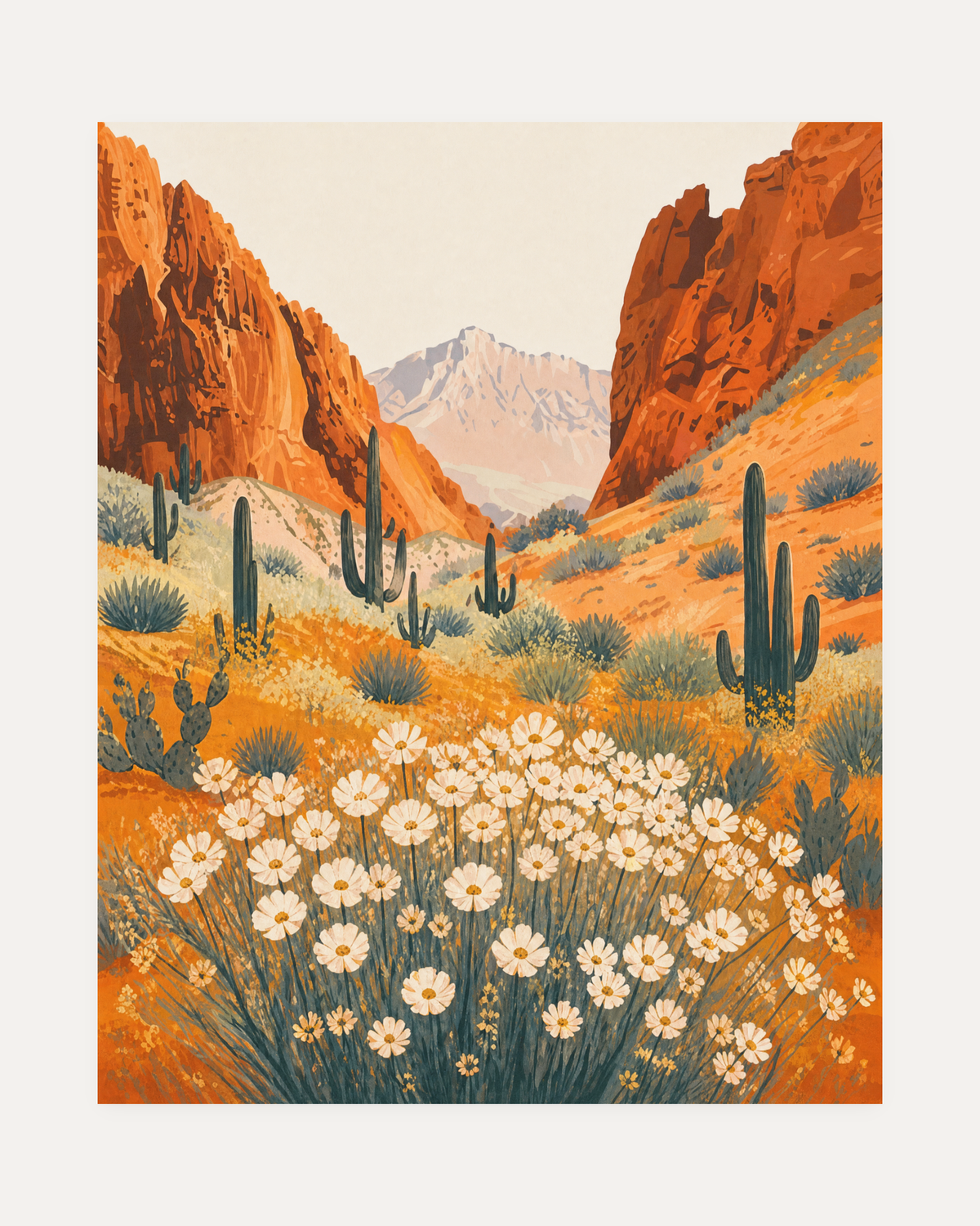 Canyon One White Bloom Mass white flower art prints, white blooms before orange canyon walls, green cacti, pale peak