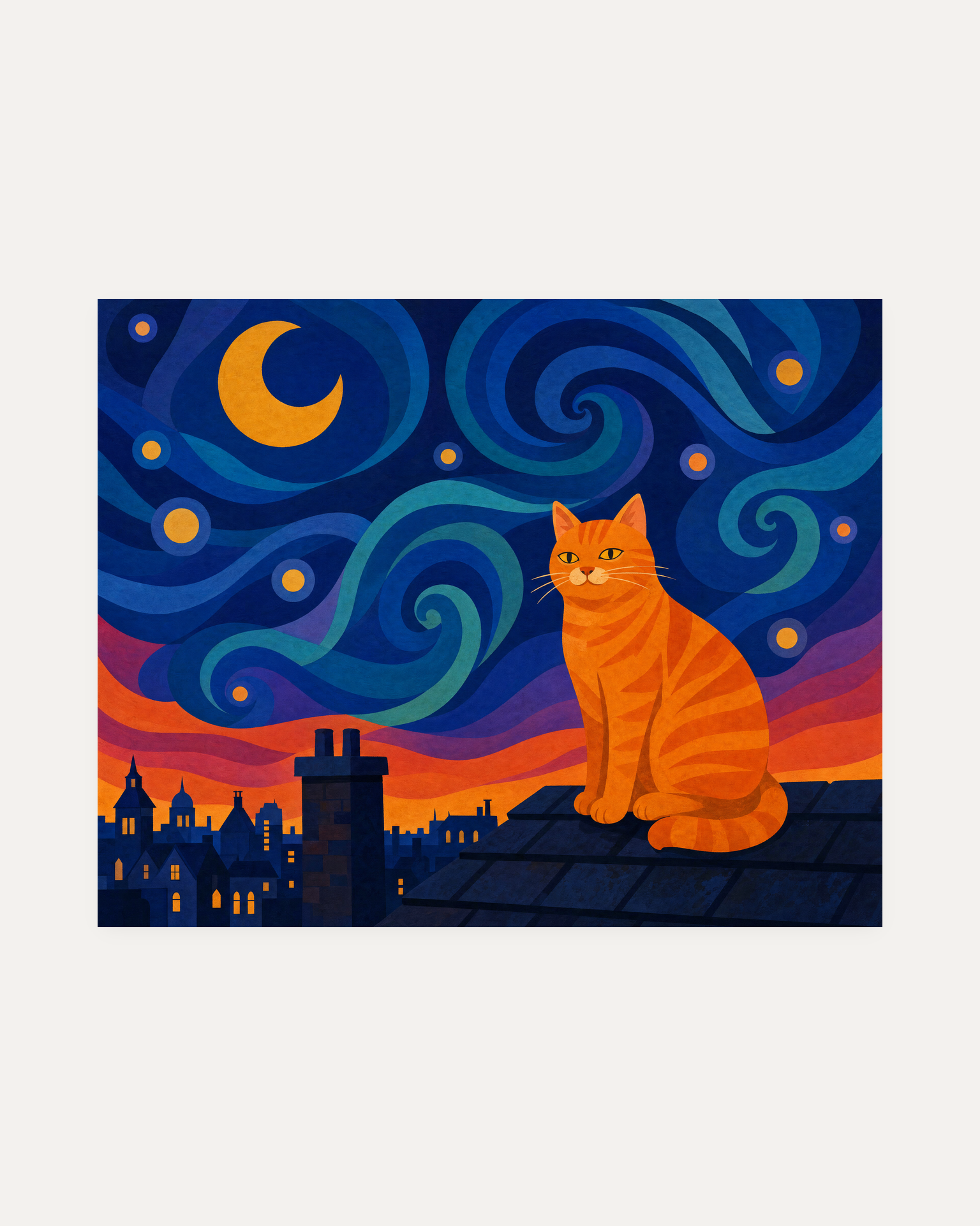 Orange Cat Night Swirl unframed abstract cat art print showing orange cat, swirling blue night sky, and yellow crescent