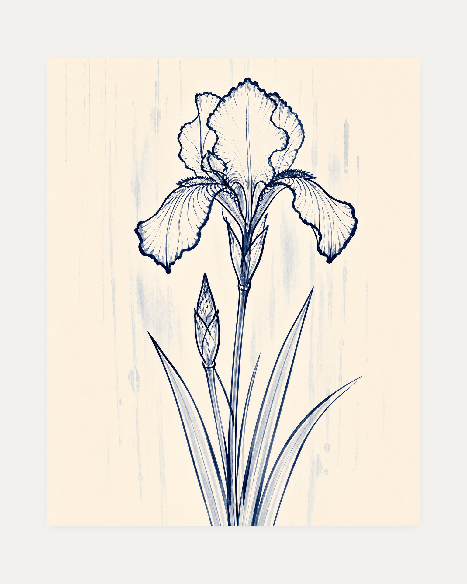 Ink Rain One Iris unframed vintage iris wall art print showing single navy ink iris and bud over a pale rain wash
