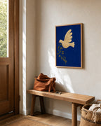 Courier Dove blue art print shown framed in a light entryway beside an oak bench; frame not included