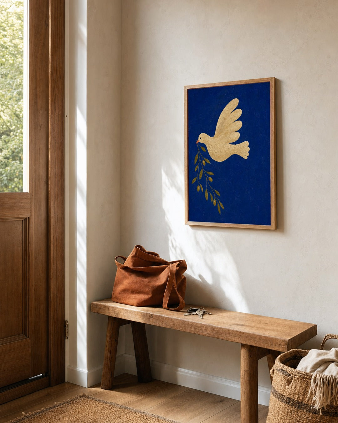 Courier Dove blue art print shown framed in a light entryway beside an oak bench; frame not included