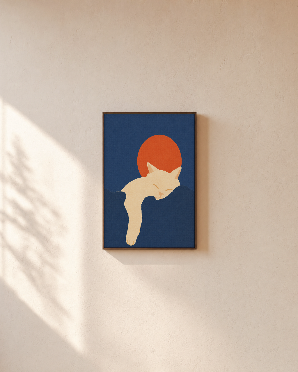 Nap Cat white cat wall art: unframed print is shown framed for styling on a plain wall; frame not included
