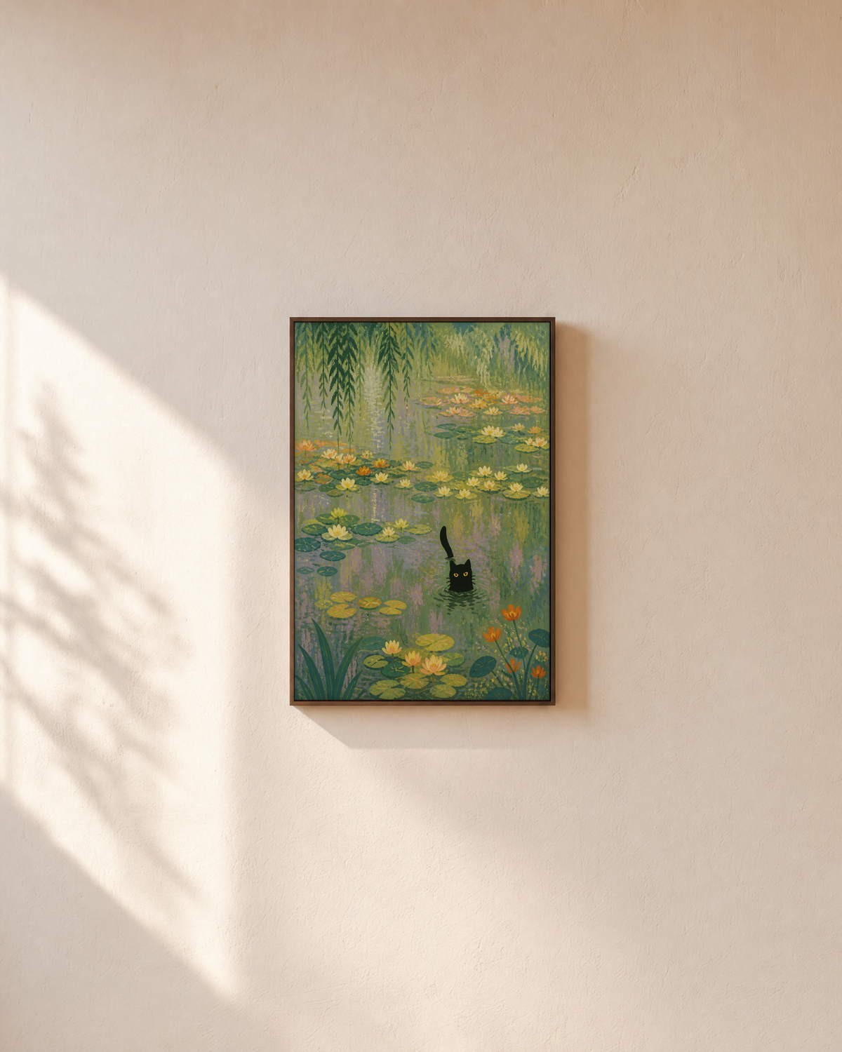Pond Cat black cat art print: unframed print is shown framed for styling on a plain wall; frame not included