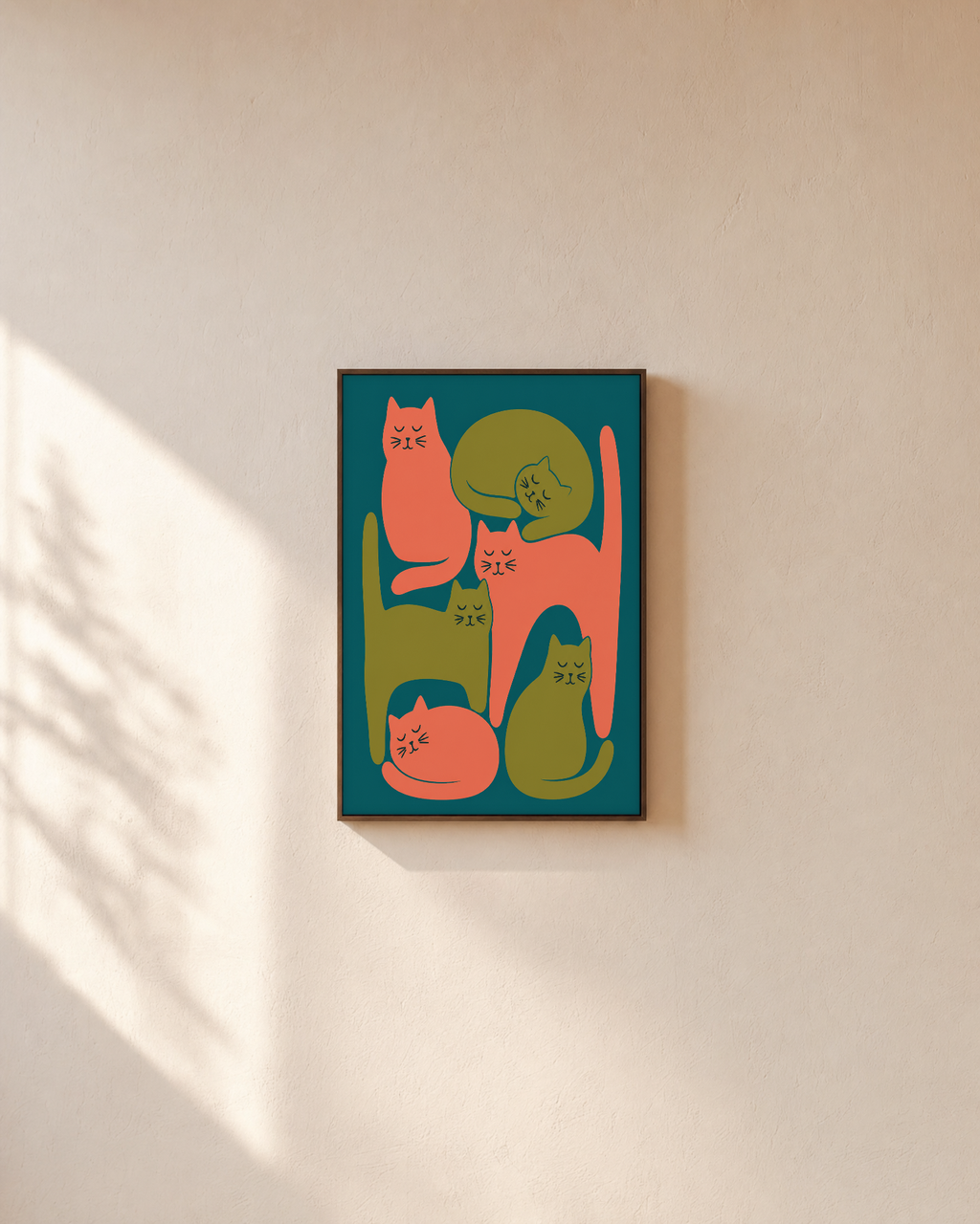 Nap Cats cat art for wall print: unframed print is shown framed for styling on a plain wall; frame not included