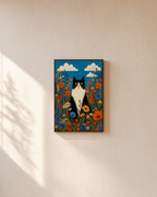 Meadow Cat cat prints: unframed print is shown framed for styling on a plain wall; frame not included