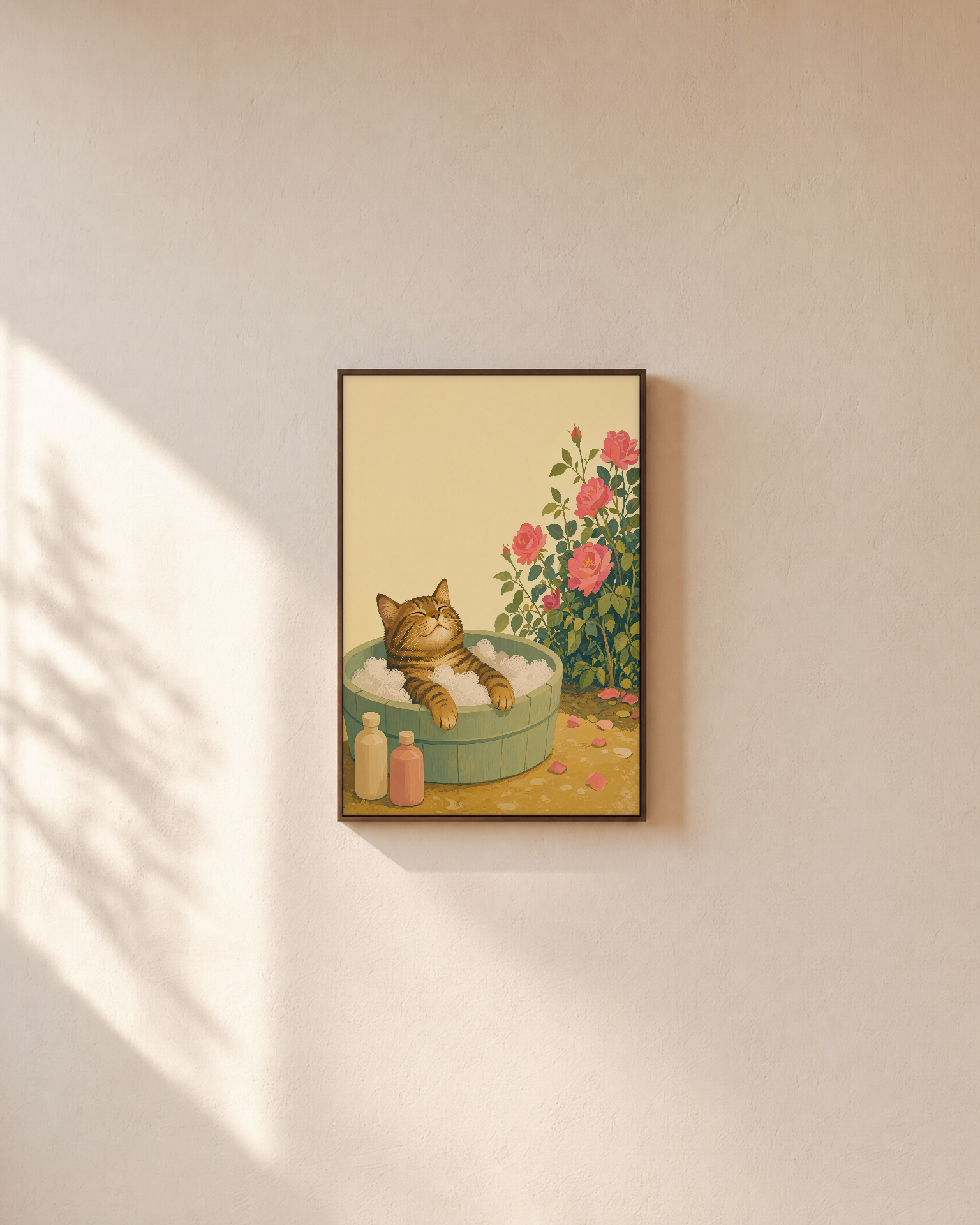 Tabby Bubble Bath unframed print is shown framed for styling in a plain wall; frame not included