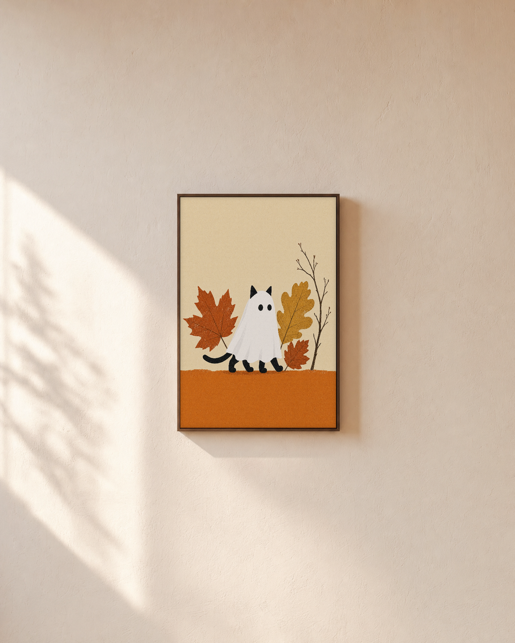 October Cat ghost cat wall art: unframed print is shown framed for styling on a plain wall; frame not included