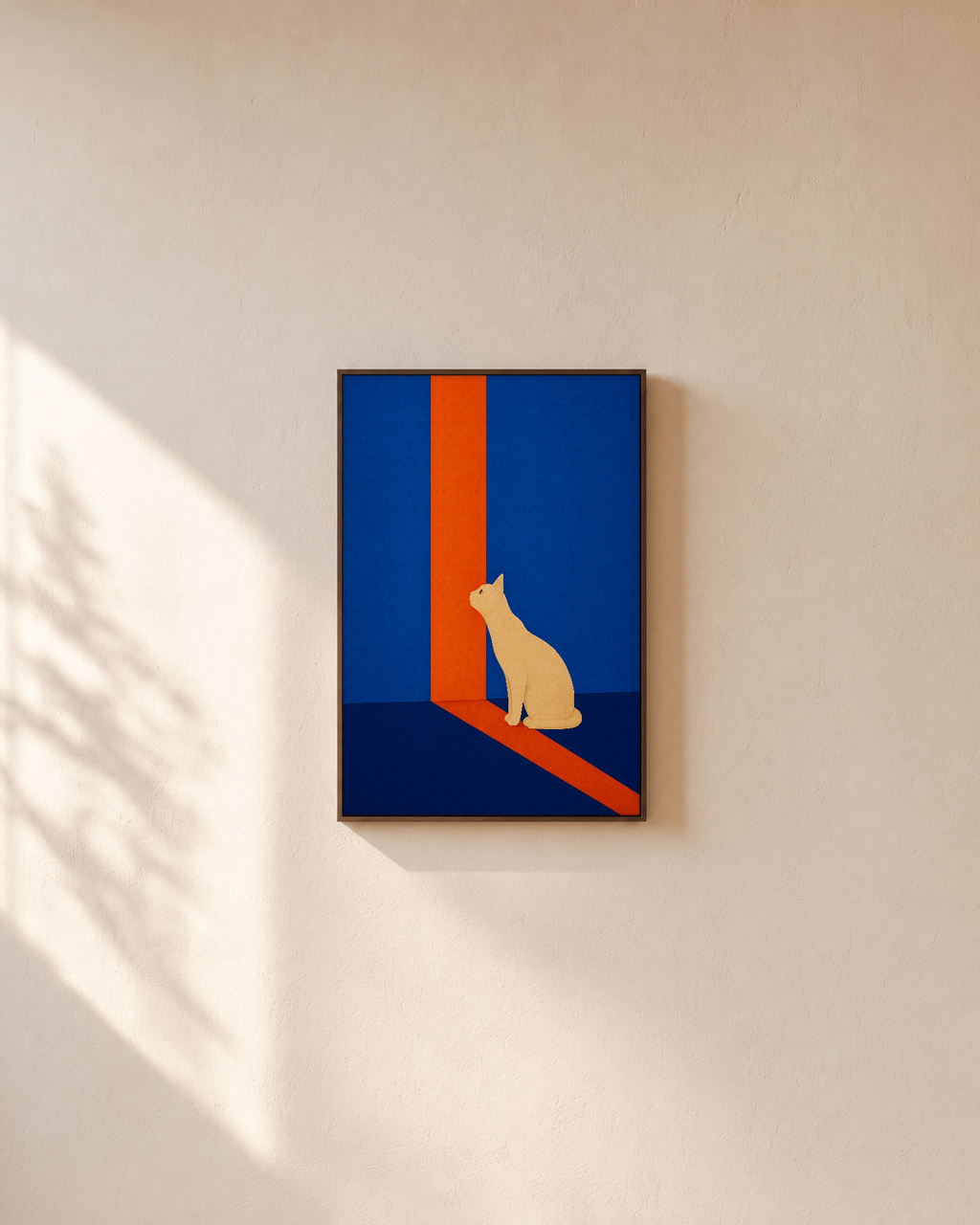 Morning Cat cream cat orange stripe wall art: unframed print is shown framed for styling on a plain wall; frame not included