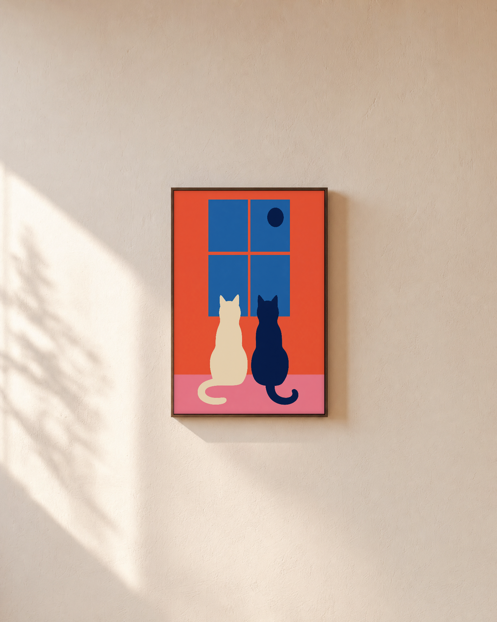 Night Cats moon cat art print: unframed print is shown framed for styling on a plain wall; frame not included
