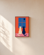 Night Cats moon cat art print: unframed print is shown framed for styling on a plain wall; frame not included