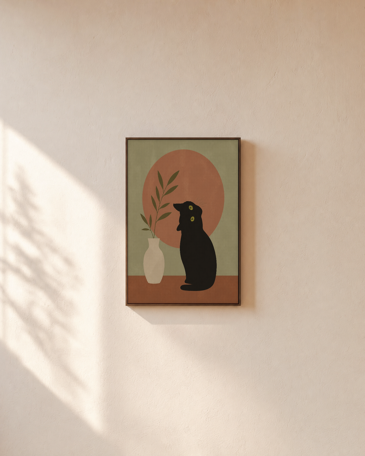 Vase Cat black cat posters print: unframed print is shown framed for styling on a plain wall; frame not included