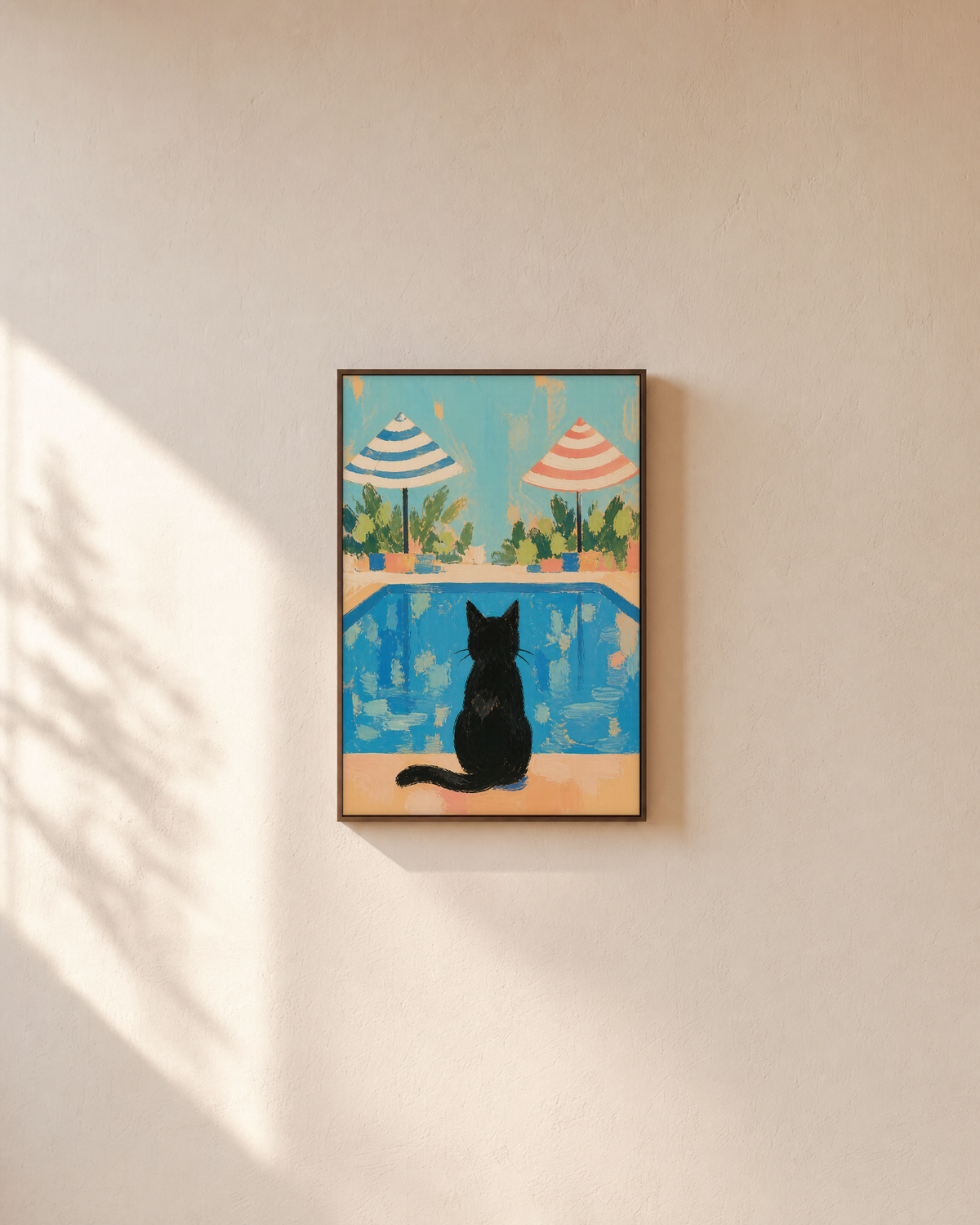 Poolside Cat pool cat print: unframed print is shown framed for styling on a plain wall; frame not included