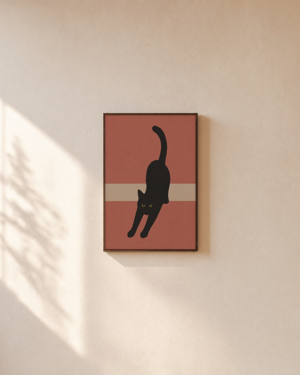 After Nap Cat stretching black cat print: unframed print is shown framed for styling on a plain wall; frame not included