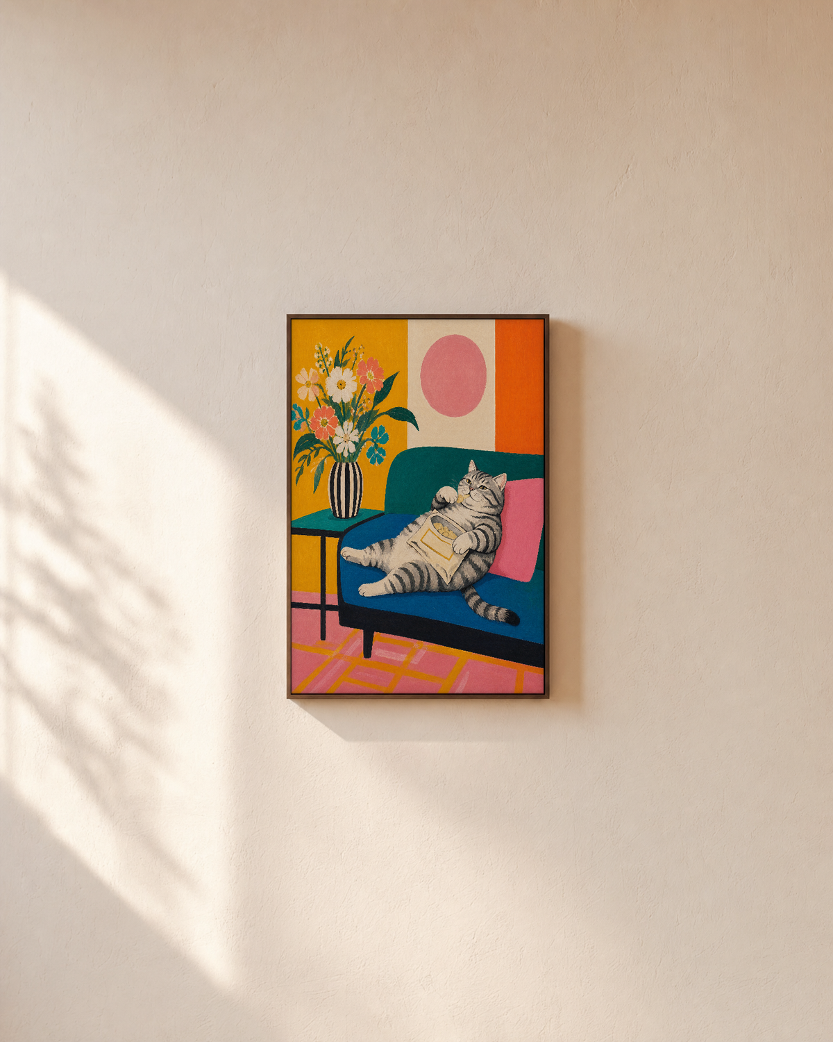 Snack Cat cat wall poster print: unframed print is shown framed for styling on a plain wall; frame not included