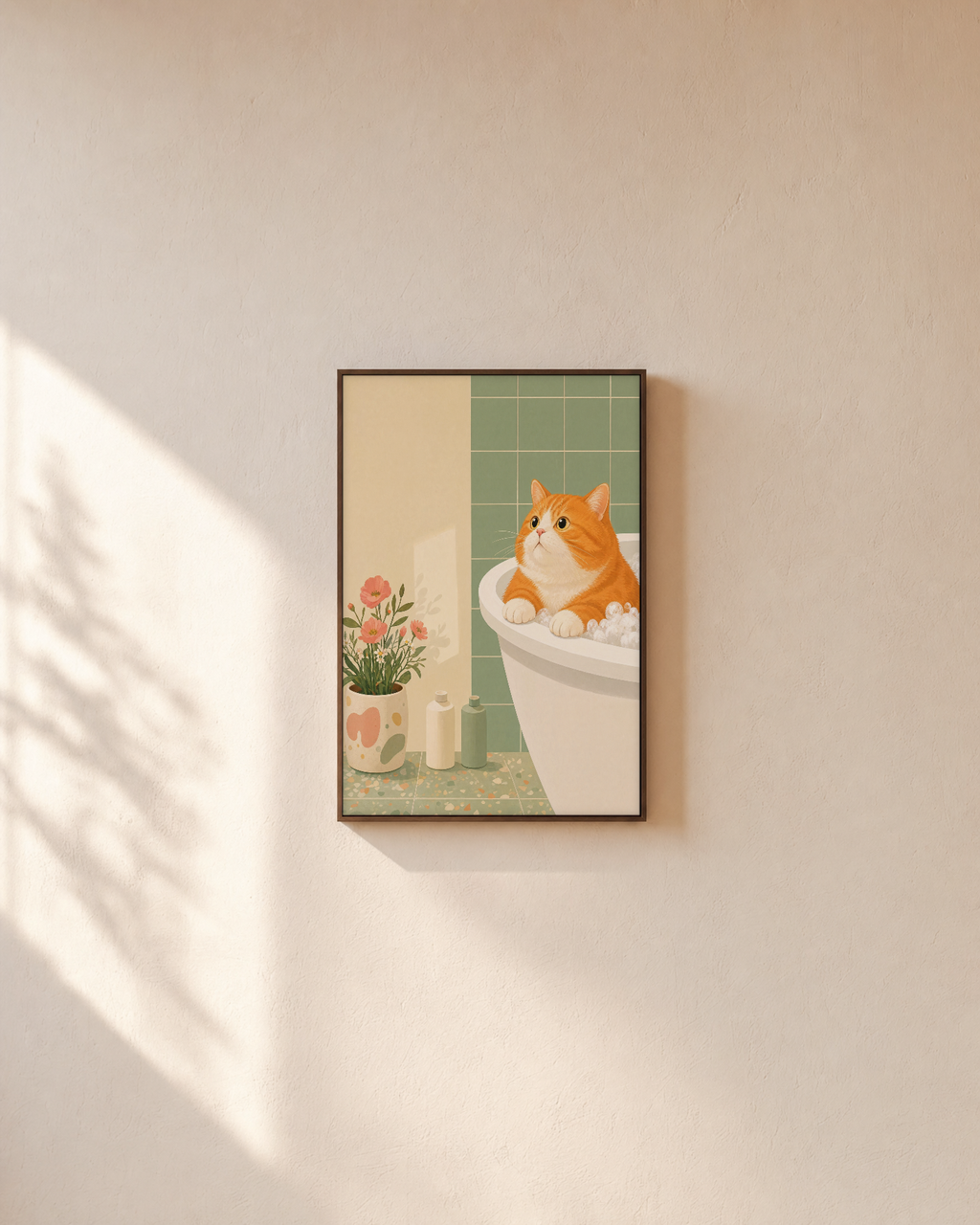 Orange Cat Tub unframed print is shown framed for styling in a plain wall; frame not included