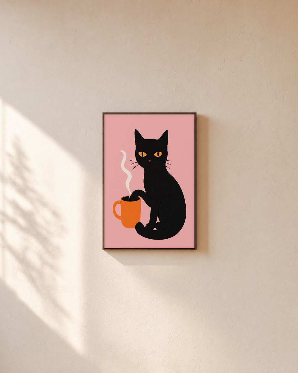 Coffee Cat cat art prints: unframed print is shown framed for styling on a plain wall; frame not included