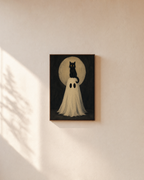 Moon Perch Cat perched ghost cat wall art: unframed print is shown framed for styling on a plain wall; frame not included