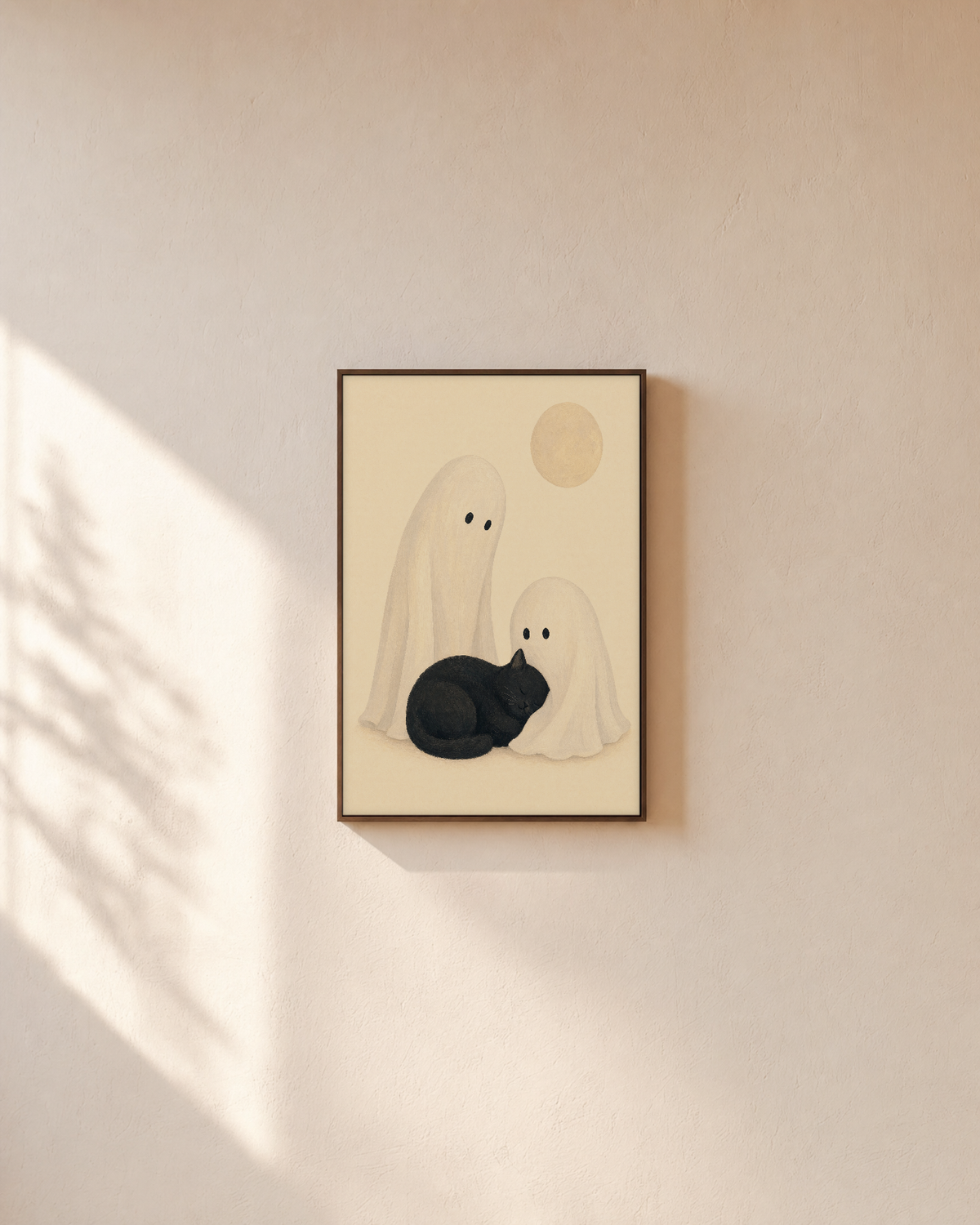 Moon Cat two ghost cat wall art: unframed print is shown framed for styling on a plain wall; frame not included
