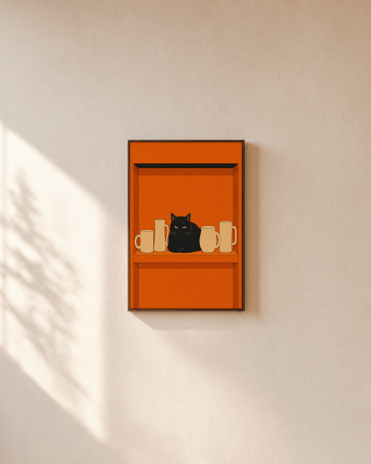 One Loaf Cat Four Mugs unframed print is shown framed for styling in a plain wall; frame not included