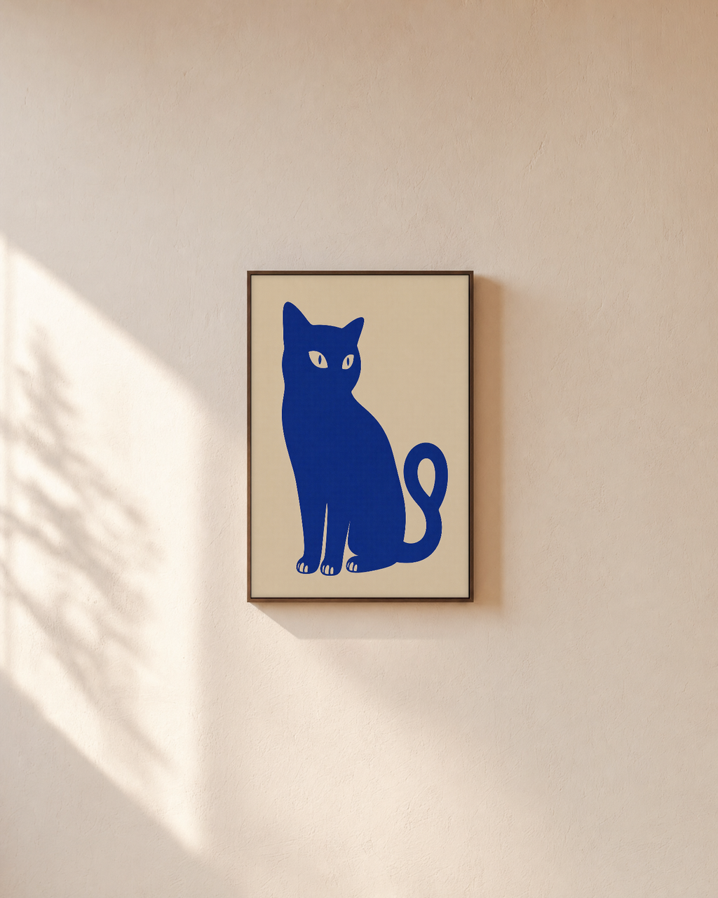 Idle Cat blue cat wall art: unframed print is shown framed for styling on a plain wall; frame not included