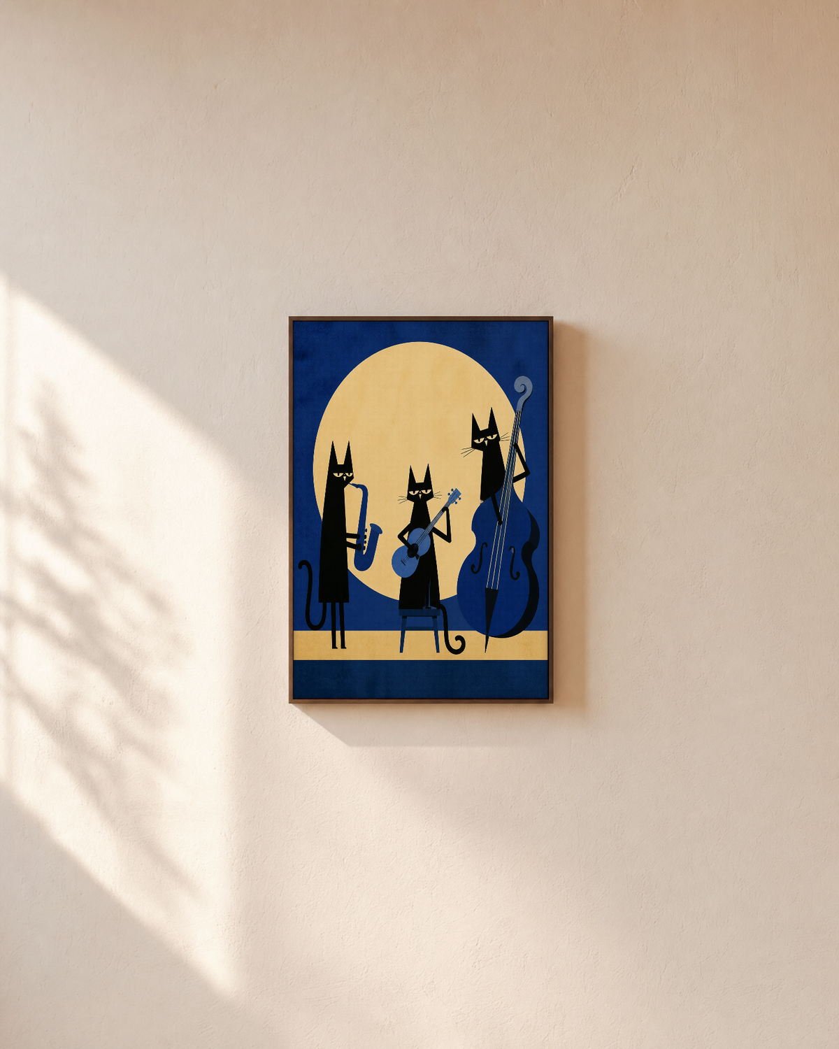 Jazz Cats jazz art prints: unframed print is shown framed for styling on a plain wall; frame not included