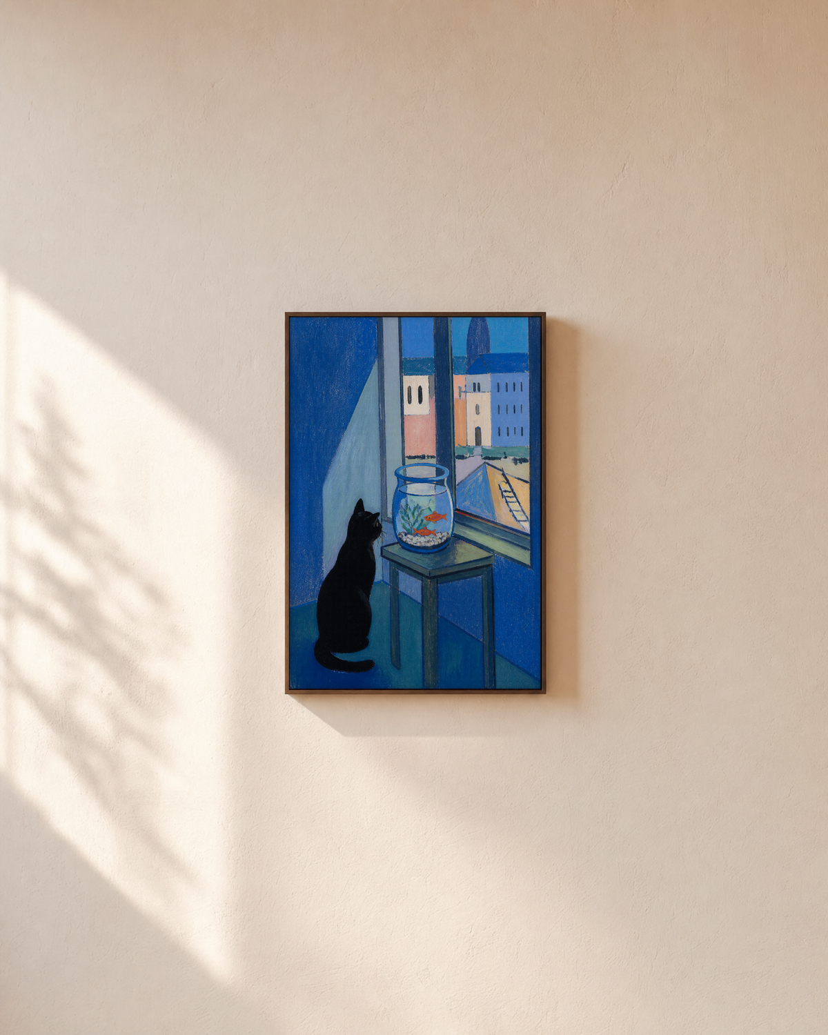 Patient Cat black cat poster art print: unframed print is shown framed for styling on a plain wall; frame not included