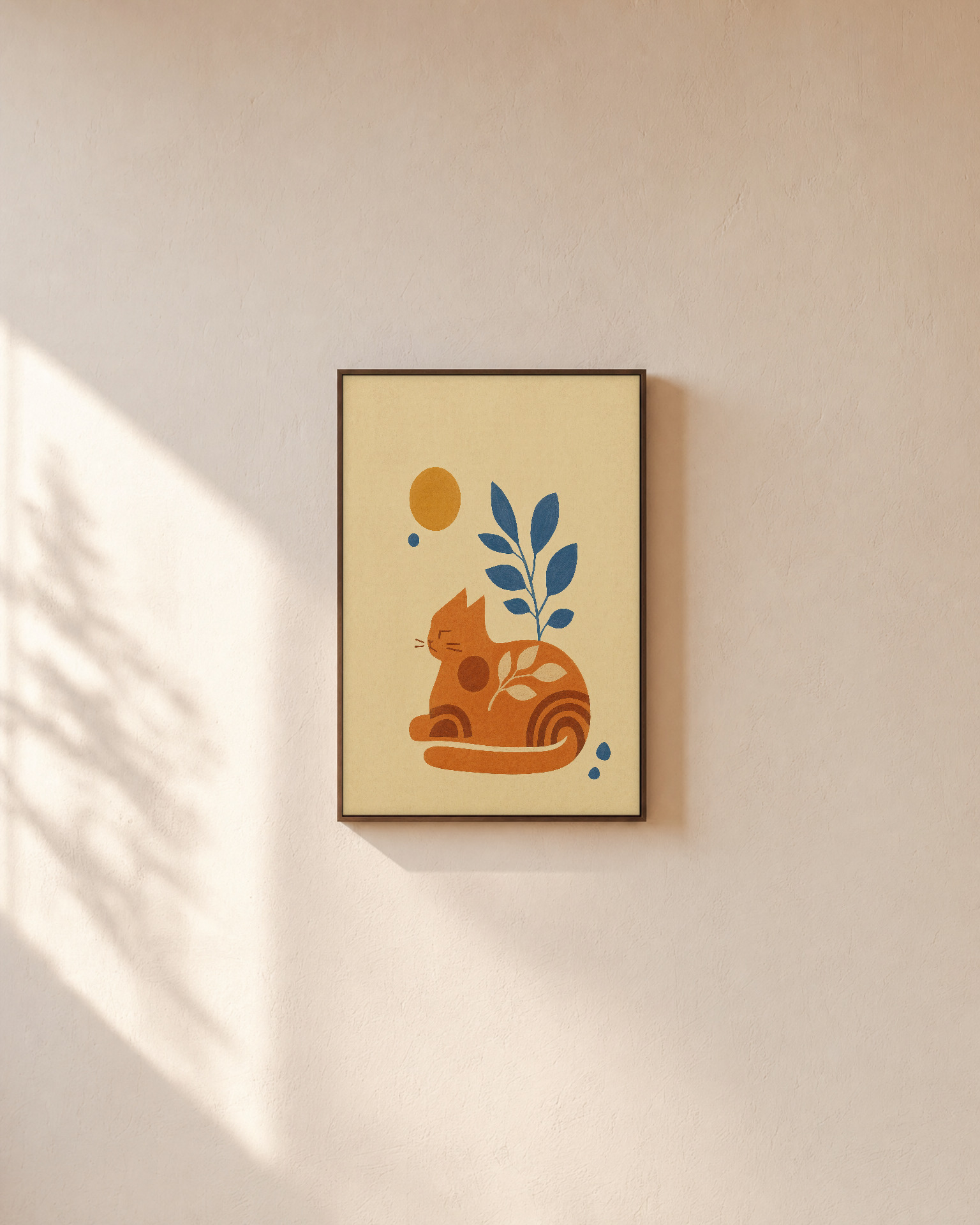 Ochre Sitting Cat unframed print is shown framed for styling in a plain wall; frame not included