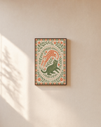 Morning Cats folk art prints: unframed print is shown framed for styling on a plain wall; frame not included