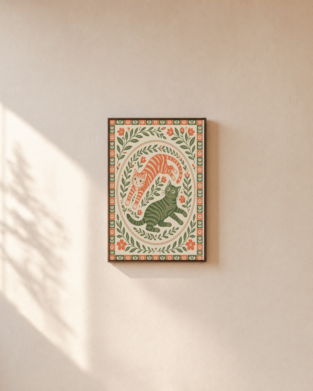Morning Cats folk art prints: unframed print is shown framed for styling on a plain wall; frame not included