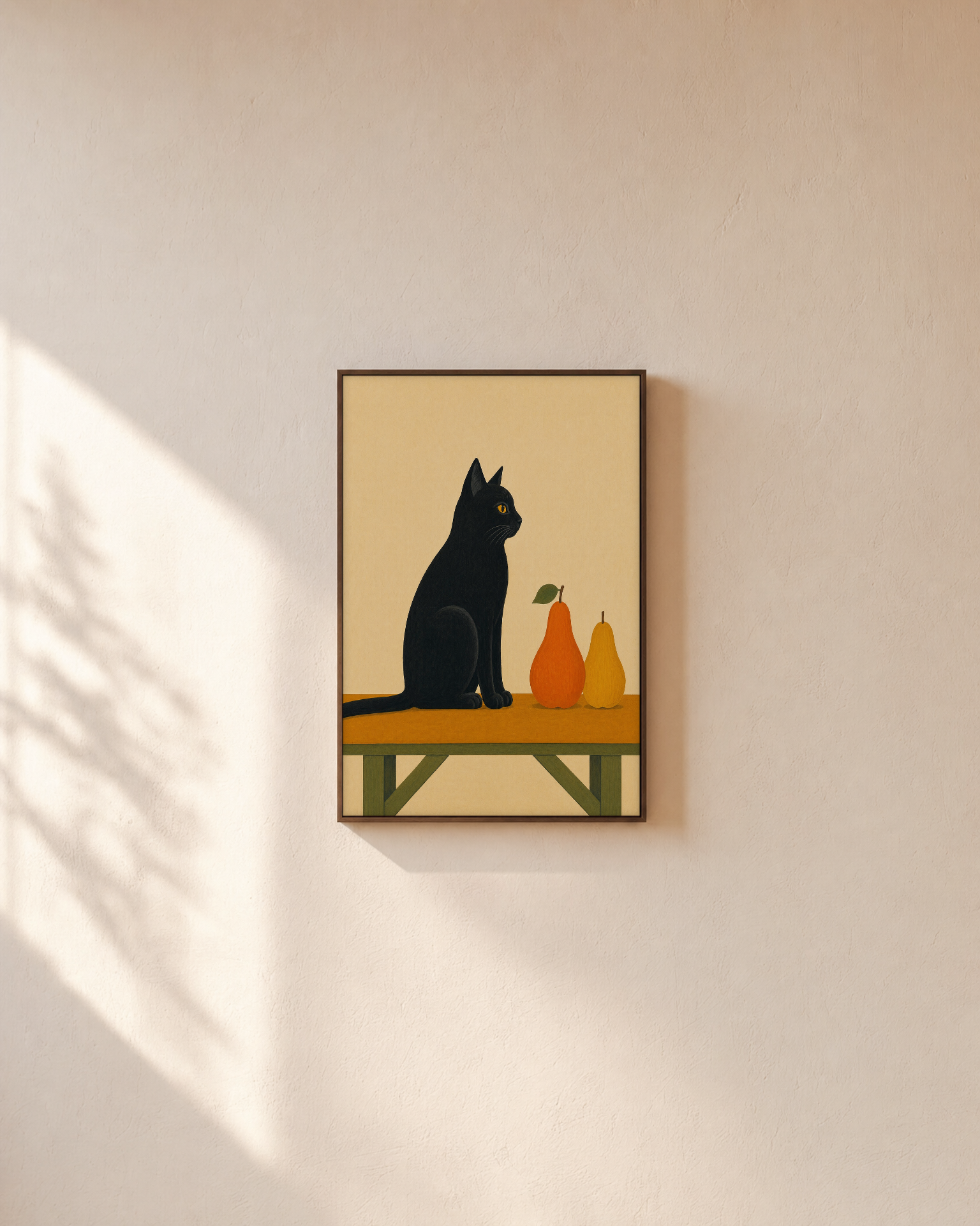 Cat on Harvest Bench unframed print is shown framed for styling in a plain wall; frame not included