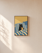 Black Cat Morning Mug unframed print is shown framed for styling in a plain wall; frame not included