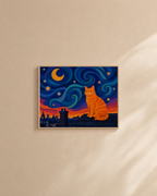 Orange Cat Night Swirl unframed print is shown framed for styling in a plain wall; frame not included