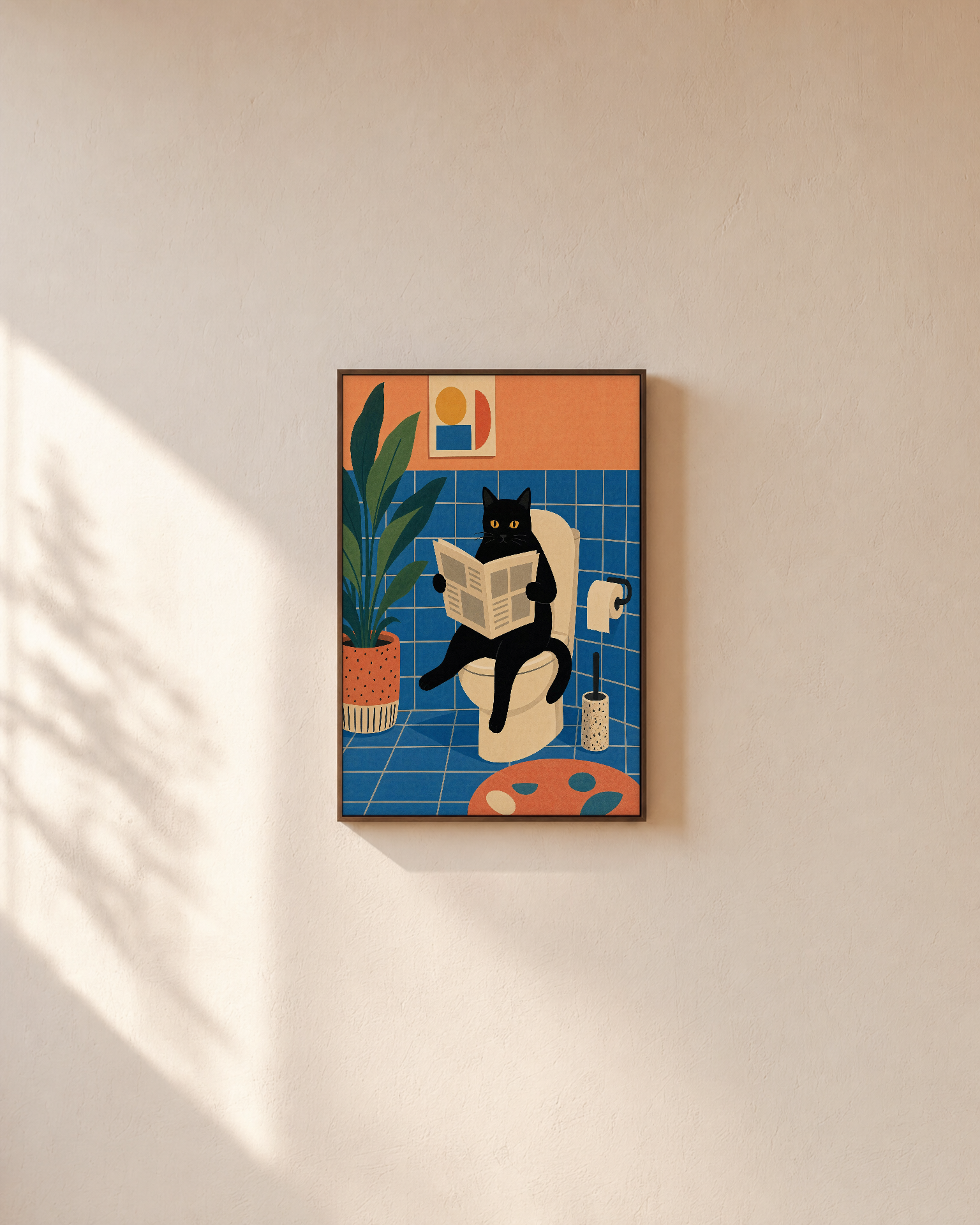 Black Cat Newspaper unframed print is shown framed for styling in a plain wall; frame not included