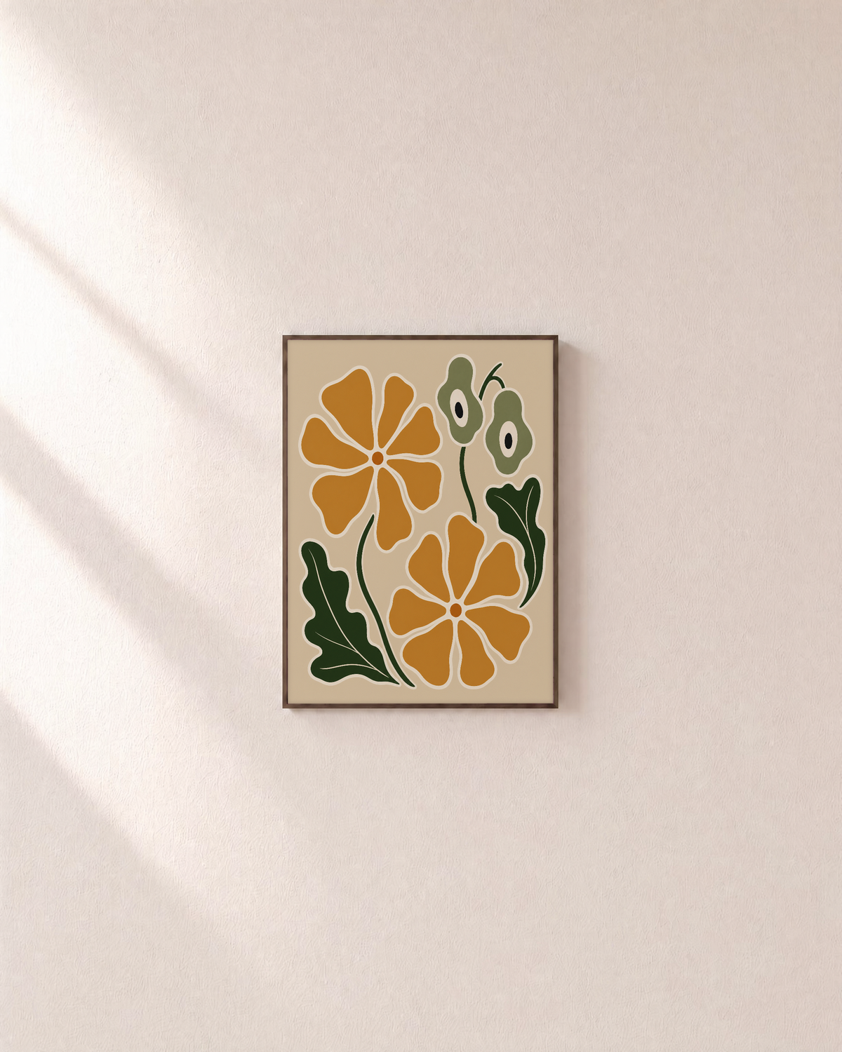 Garden Pair ochre bloom wall art: unframed print is shown framed for styling on a plain wall; frame not included