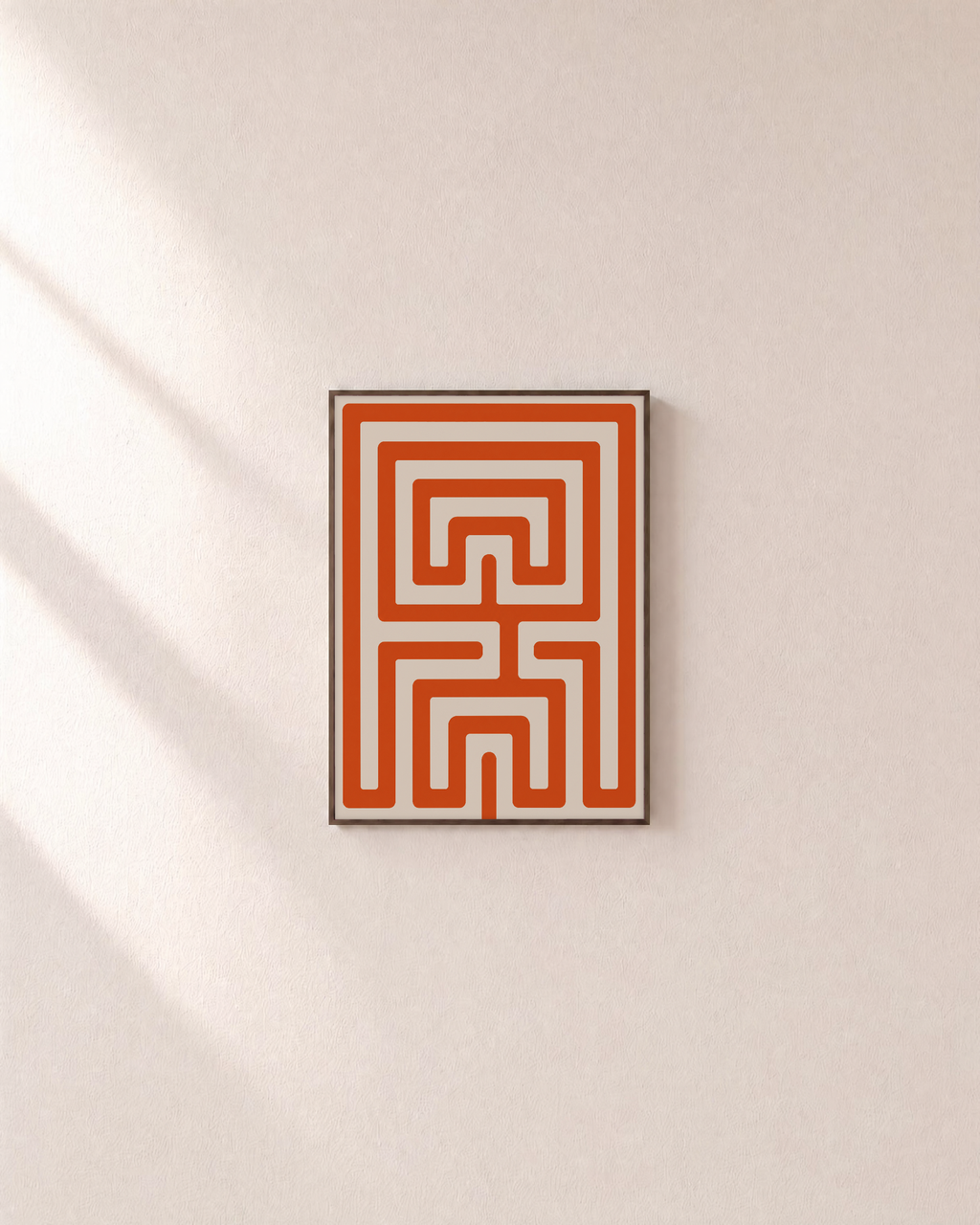 Maze Hour orange maze wall art: unframed print is shown framed for styling on a plain wall; frame not included